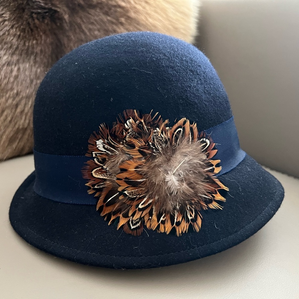 Jessica Navy Cloche Hat with Feather Detail - Picture 2 of 7